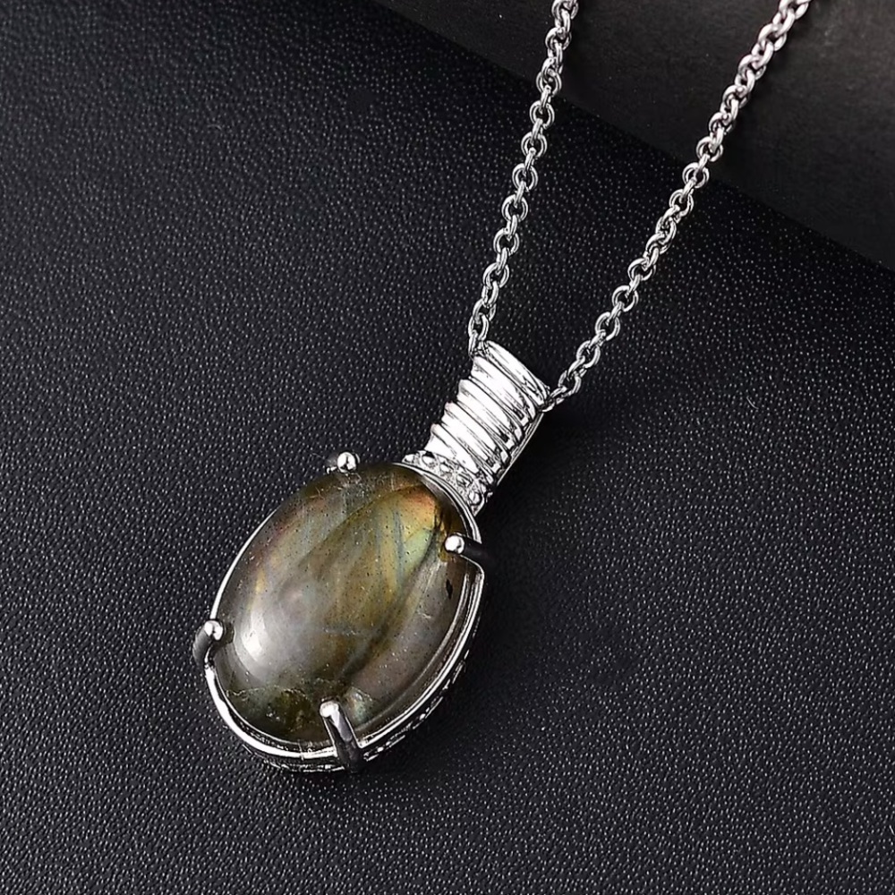 KM Labradorite 12.25ctw Pendant Platinum Bond Stainless Steel Necklace 20" NWT